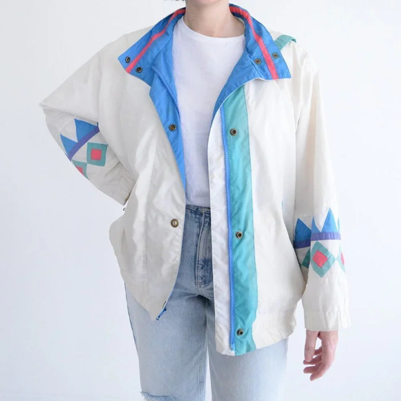 Vintage 90's London Fog White &  Blue Zip Up Light Jacket Size Medium - Picture 1 of 15
